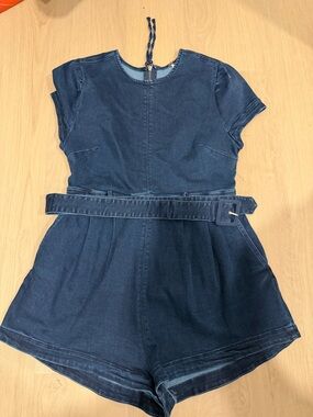 Free People Dark Wash Denim Belted Romper